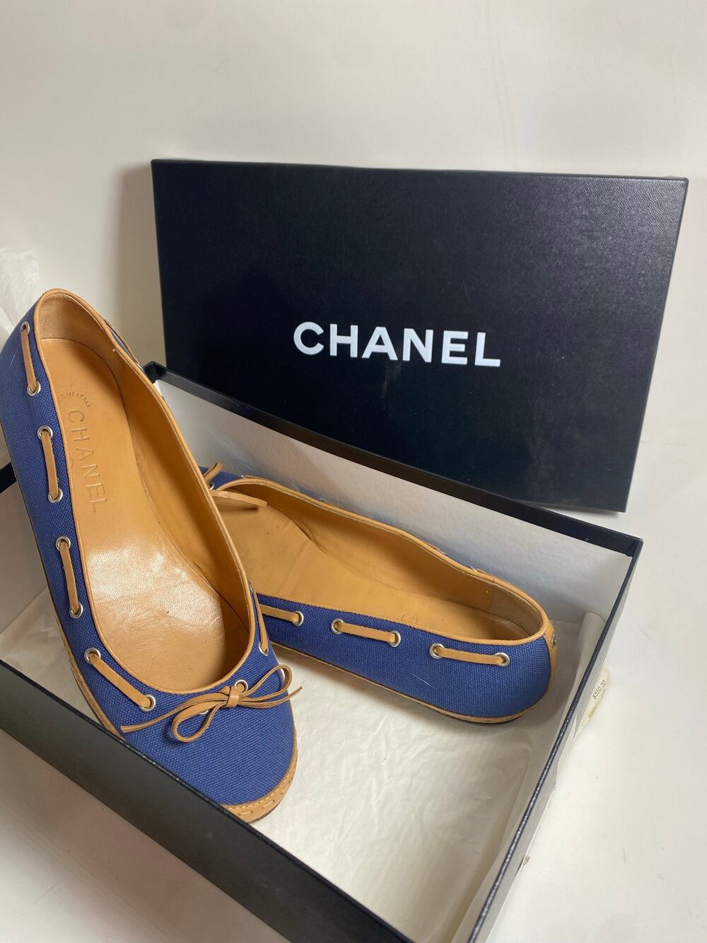 CHANEL Blue Flat Shoes Womens Size 8.5 Designer Ballet Flats Authentic